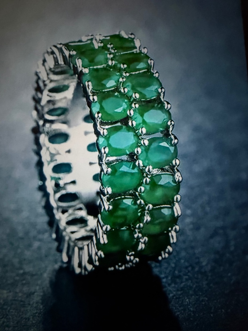 Emerald Jade Eternity Band Ring: Double Row Oval, 14kt White Gold/Silver